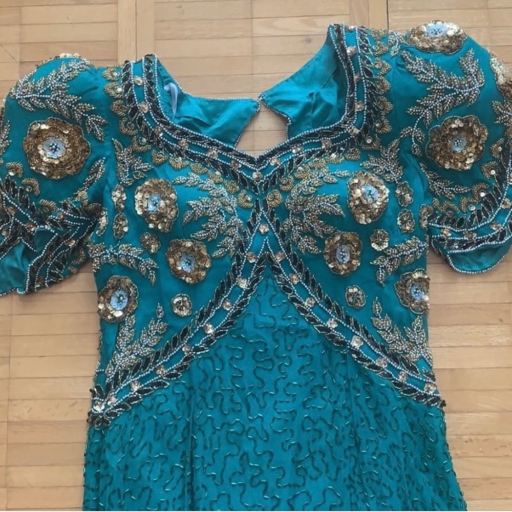 100% Silk Emerald Green Beaded Formal Full Length Dress